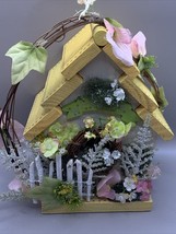 Yellow Wood Birdhouse Decoration With Faux Silk  Flowers Kitschy Spring ... - $18.00