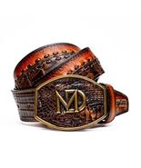 MONTANA Caiman &amp; Calfskin Western Belt with Hand-Stitched Center Detail ... - $280.00