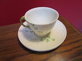 Belleek Shamrock Cup and 2 Saucers, green stamp  - £51.43 GBP
