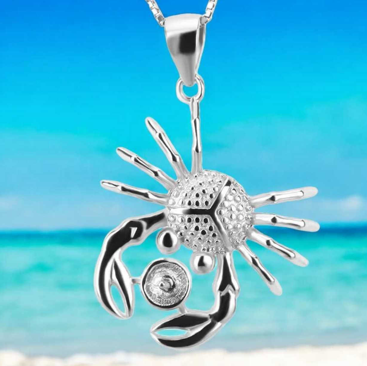 Genuine 925 Sterling Silver Mounting Akoya Pearl Crab Charm Pendant Necklace