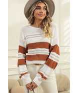 White Casual Stripe Print Knit Puff Sleeve Sweater - $52.16 CAD