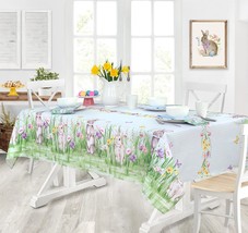 Easter Bunny Meadow Fabric Bordered Tablecloth Blue Gingham Bunny Rabbit Wrinkle - £30.09 GBP