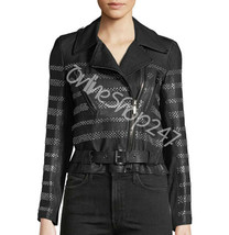 New Women Nour Hammour Black Full Silver Studded Line Up Rock Leather Jacket - £263.77 GBP