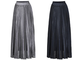 Silver Long Pleated Skirt Outfit Women Full Pleated Party Skirt US0-US18 image 2