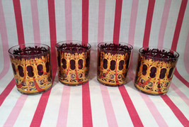 Mid Century Modern CULVER 22KT Gold Cranberry Scroll 4pc Low Ball Rocks Glasses - £77.50 GBP