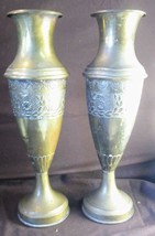 Old Antique Pair of Two Art Nouveau Style Brass Urns Vases Set Floral Em... - £98.06 GBP