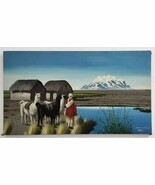 Vintage 1977 Signed Bolivian Oil Painting, Llamas La Plaz Bolivia, 32.5 ... - $2,135.88 MXN