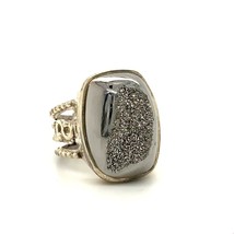 Vintage Sterling Signed 925 India Chunky Hematite Druzy Filigree Dome Ring sz 7 - £43.52 GBP