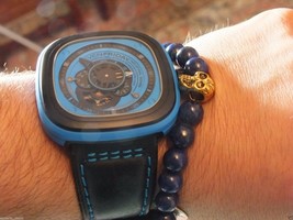 Namaste Jewelry Skull Blue Agate Stone Bead with Yoga Gold Ball Bracelet Watch - £20.04 GBP