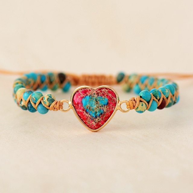 Love Natural Stone Heart Charm Bracelets String Braided Macrame Bracelets Jasper - £16.19 GBP