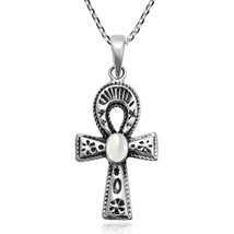 Eternal Life Sterling Silver Egyptian Ankh White Mother of Pearl Inlay Necklace - £15.71 GBP