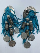 Vtg Southwestern Clip-on Earrings Silver Tone Turquoise Suede Dangle Statement  - £18.45 GBP