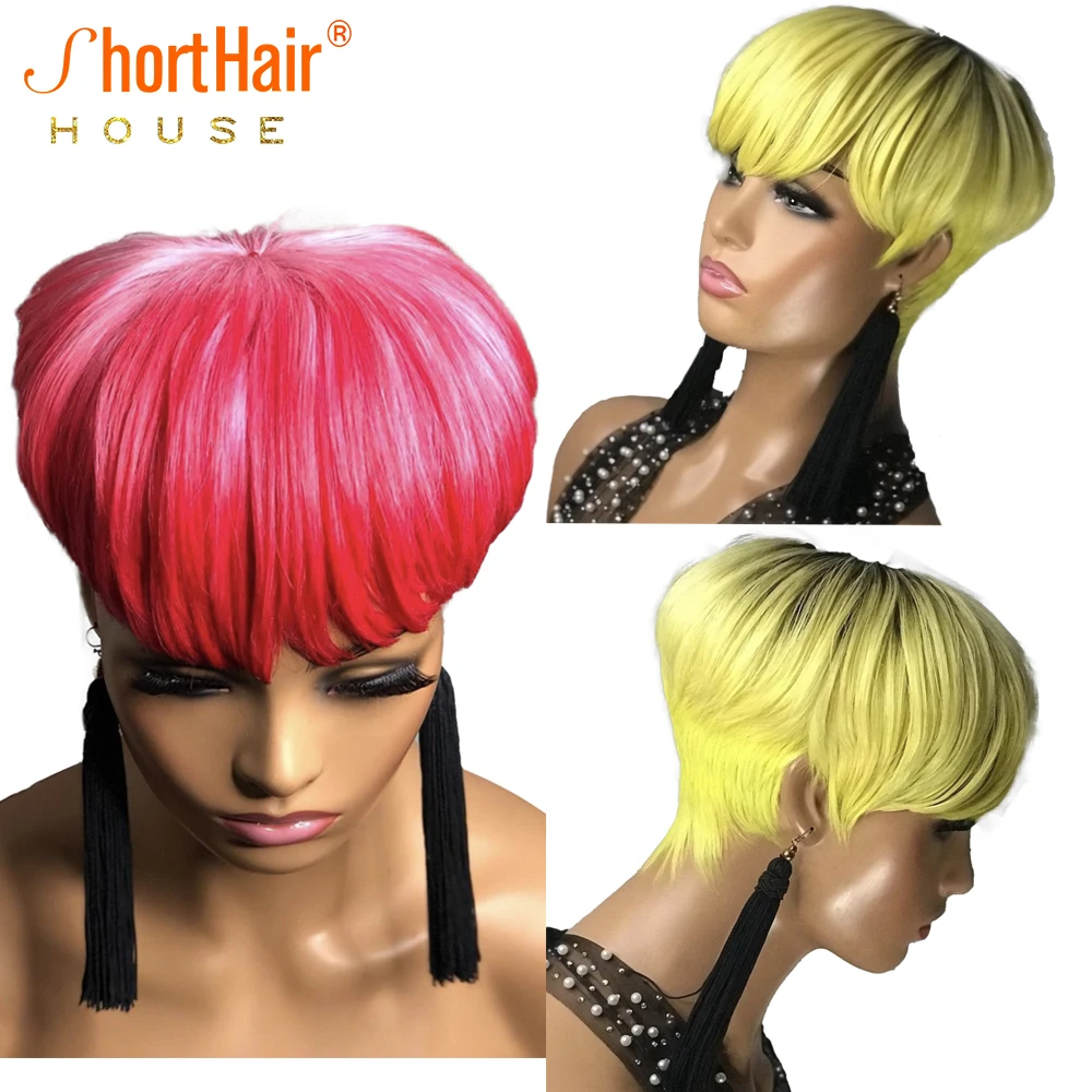 1b Yellow Color Short Pixie Cut Human Hair Bob Wig With Bangs For Woman Machine - £32.52 GBP+
