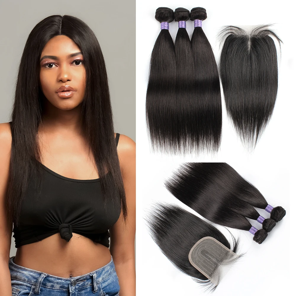 3 Bundles With Closure Natural Color Remy Brazilian Human Hair Extension - $61.87+