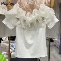 Neploe Korean Chic Simple All-match T-Shirts Slash Neck s Gauze work Tops Solid  - £76.20 GBP