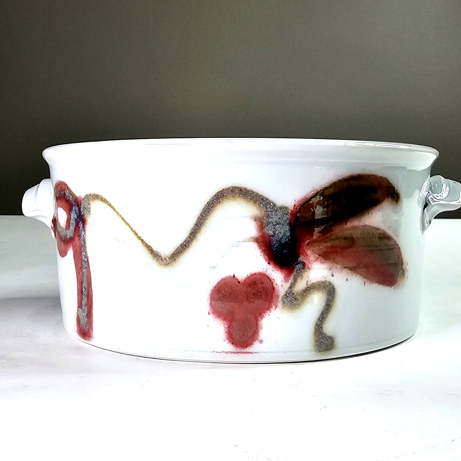 Fine Art Glazed 8in Bowl 3.5in Deep Red Blue White Handles Simple Modern... - $79.99