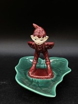 Gilner Maroon Pixie Elf on Green Leaf Leaning Forward Trinket Dish 1950 Vintage - $49.49