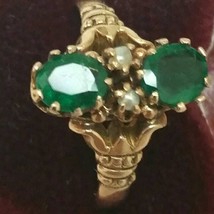 Antique 12K Gold Genuine 0.80ct Emeralds  &amp; Pearl Ring, 1800s - £846.01 GBP