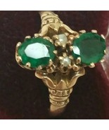 Antique 12K Gold Genuine 0.80ct Emeralds  &amp; Pearl Ring, 1800s - $20,476.99 MXN