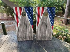 Waterproof Cornhole WRAPS / American Flag on Gray Wood Grain / USA / Lam... - $85.00