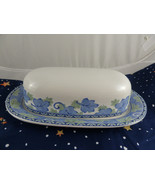 Blue Isle Butter Dish by Pfaltzgraff 8.75&quot; long Blue and green leaves Oval - $27.06 CAD