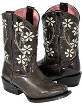 Girls Kids Full Brown Flower Floral Embroidery Leather Cowboy Boots Snip... - £42.95 GBP