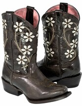 Girls Kids Full Brown Flower Floral Embroidery Leather Cowboy Boots Snip... - £43.79 GBP