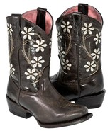 Girls Kids Full Brown Flower Floral Embroidery Leather Cowboy Boots Snip... - €47,76 EUR