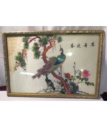 VINTAGE CHINESE PEACOCK &amp; ROSES FRAMED SILK EMBROIDERY ON SILK - $75.00