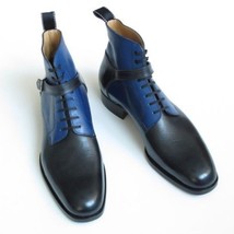 Men Leather Black Blue High Ankle Lace up Boots Handmade Jodhpurs Two Tone Style - £128.67 GBP