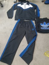 VTG Y2K Adidas Men&#39;s Black White Blue tracksuit Pants Sweatshirt 3 Stripe L XL M - £135.23 GBP
