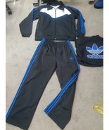 VTG Y2K Adidas Men&#39;s Black White Blue tracksuit Pants Sweatshirt 3 Strip... - $170.99