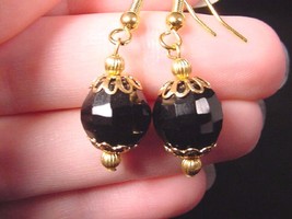 (EE-471-E) Black onyx Brazil gemstone one bead long gold dangle hook earrings - £9.64 GBP