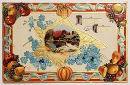 Thanksgiving Day Fruit Border Town Scene Leaf Gold Gilt Postcard V22 - £8.93 GBP