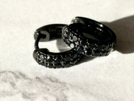 Men&#39;s 2Ct Lab-Created Black Onyx Huggie Hoop Earrings Real 14K black Gol... - $77.10 CAD