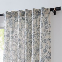 Farmhouse Blue Floral Print Curtains, 84 Inches Long Back Tab, Blue On Beige. - £40.05 GBP
