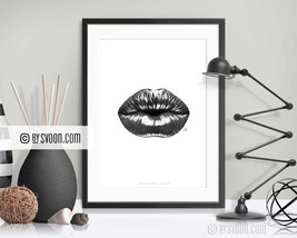 Black Kiss Print, Black Lips Poster, B&amp;W, Lips Drawing, Black Shiny Kiss, Mouth - £9.53 GBP+