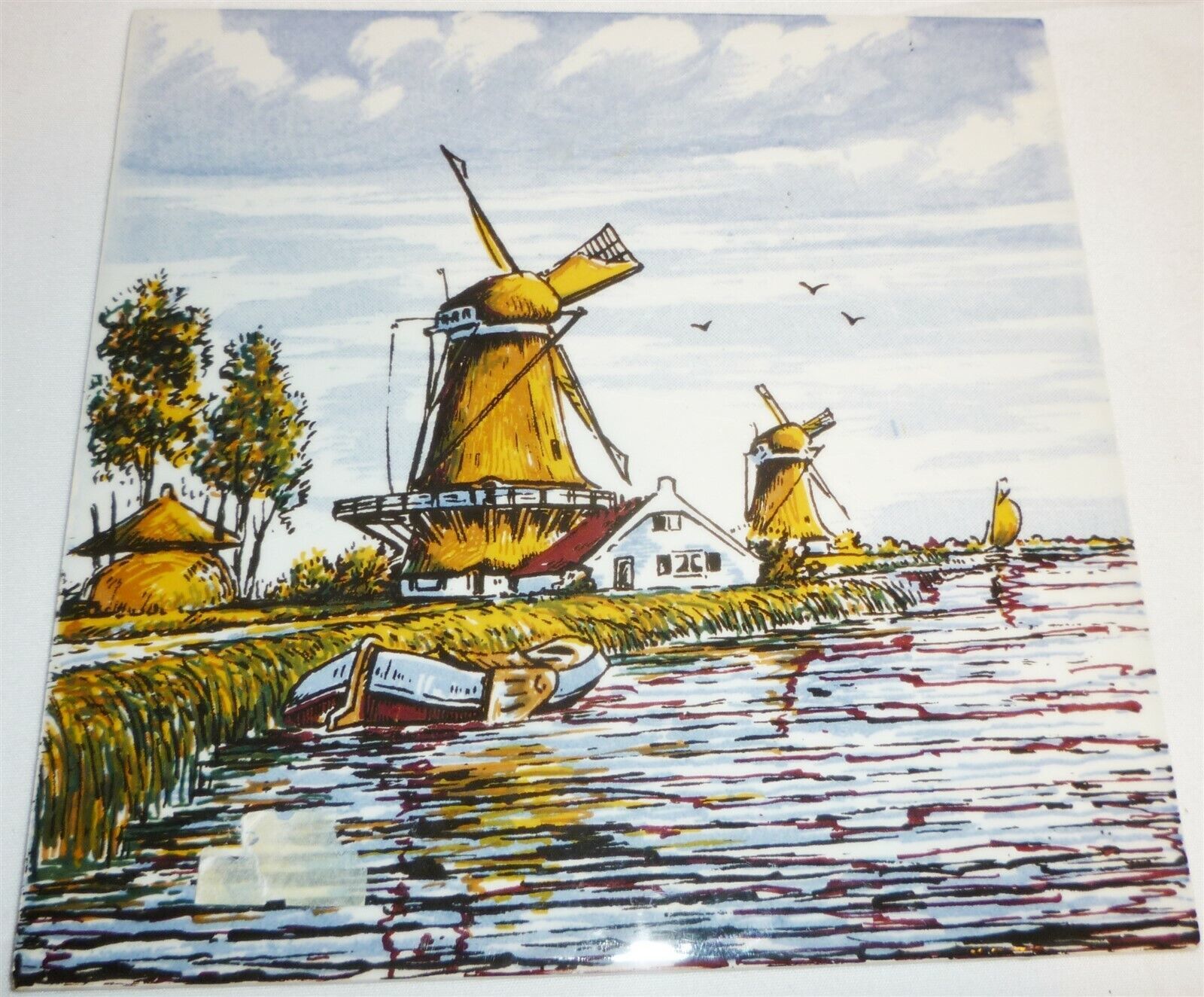 VINTAGE MULTICOLOR DELFT HOLLAND PORCELAIN CERAMIC TILE HANDPAINTED WIND... - $16.00