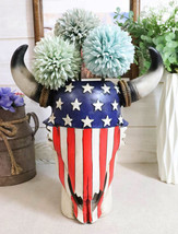 Western Patriotic US American Flag Star Spangled Banner Cow Skull Vase P... - $29.99