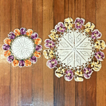 2 Vintage Purple Pansy Design Crocheted Doilies Handmade - £22.38 GBP