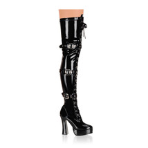 PLEASER Sexy Platform Black Buckle Strap 5&quot; Chunky Heel Thigh Boots ELE3028/B - £85.97 GBP