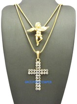 Cross And Angel Iced Out Religous Necklace With 24 And 30 Inch Box Link Chain - £10.19 GBP+