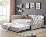 Linen Upholstered Full Size Daybed With Twin Trundle, Solid Wooden Sofa ... - $759.99