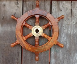 WAVE NAUTICAL Wood and Brass Nautical Ship Wheel 12&quot; Ship Steering Wheel Pirate  - £30.36 GBP