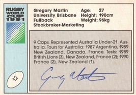 Gregory Martin Australia Hand Signed Rugby 1991 World Cup Card Photo - £10.38 GBP