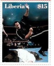 2000 wwf The Rock Liberia $15 stamp The Rock VS Mankind Peoples Elbow Drop Buy. - £1.48 GBP