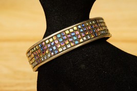 Vintage Costume Jewelry Dichroic Glass Pave Brass Hinged Cuff Bangle Bracelet - £15.48 GBP