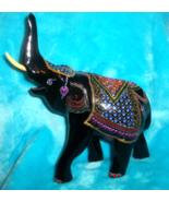 Indian Black Wooden Elephant Statue Figure-Hand Painted-Trunk up-HOME DECOR - £14.15 GBP