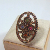 Vintage Signed EMMONS Gold-tone Ring Multi-color Rhinestone Size 7 Adjus... - $25.99