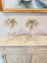 2 Wrought Iron Pillar Candle Holders Distressed Cream White Gold Loops - £31.14 GBP